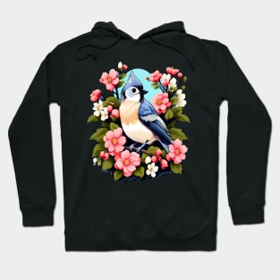 Cute Tufted Titmouse Surrounded by Vibrant Spring Flowers Hoodie